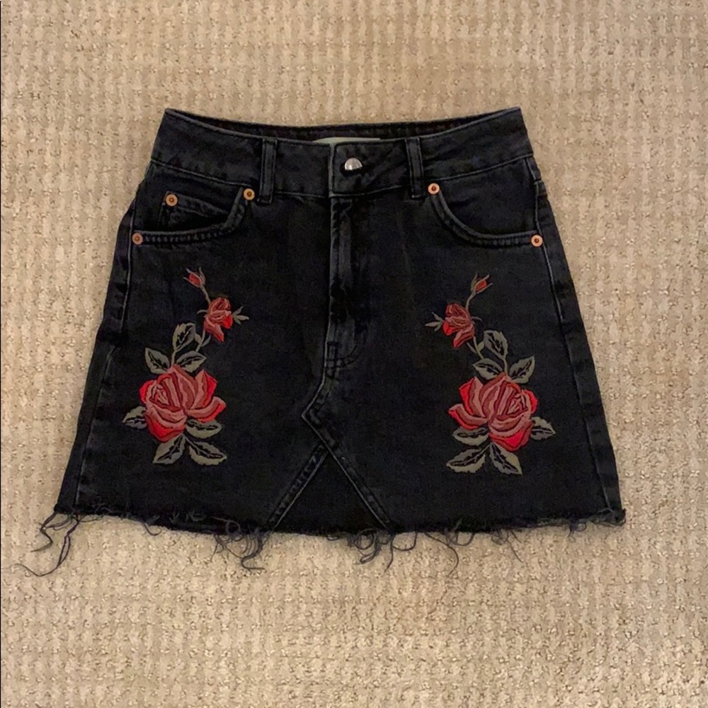 Topshop Black Jean skirt with Floral Embroidery